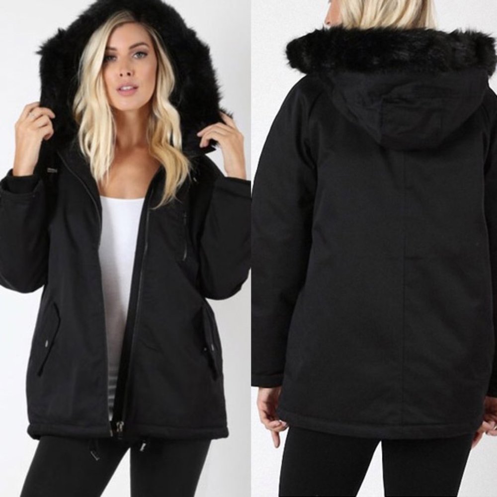Water Resistant Faux Fur Hooded Jacket Black